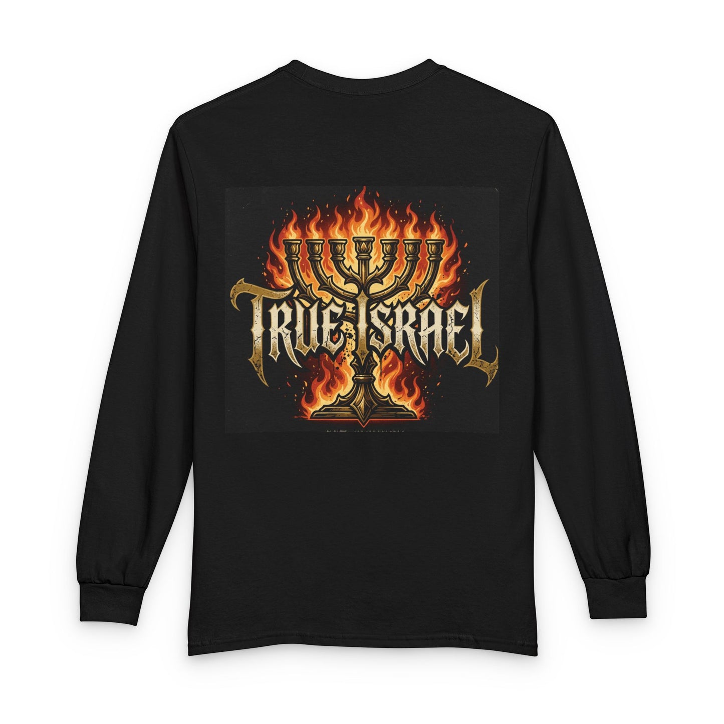Nu Kingdom Kreationz & Apparel True Israel Long Sleeve Tee — Flaming Menorah Graphic