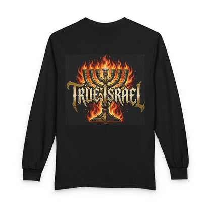 Nu Kingdom Kreationz & Apparel True Israel Long Sleeve Tee — Flaming Menorah Graphic