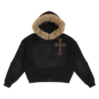 Black Sun Fade Boxy Hoodie With Detachable Fur Hood Cotton 360 GSM DTG Print