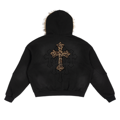Black Sun Fade Boxy Hoodie With Detachable Fur Hood Cotton 360 GSM DTG Print