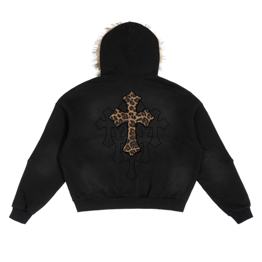 Black Sun Fade Boxy Hoodie With Detachable Fur Hood Cotton 360 GSM DTG Print