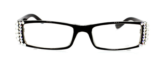 The French, (Bling) (Fleur De Lis) Women Reading Glasses W (Clear, AB Aurora Borealis) Genuine European Crystals  (Black)  NY Fifth Avenue