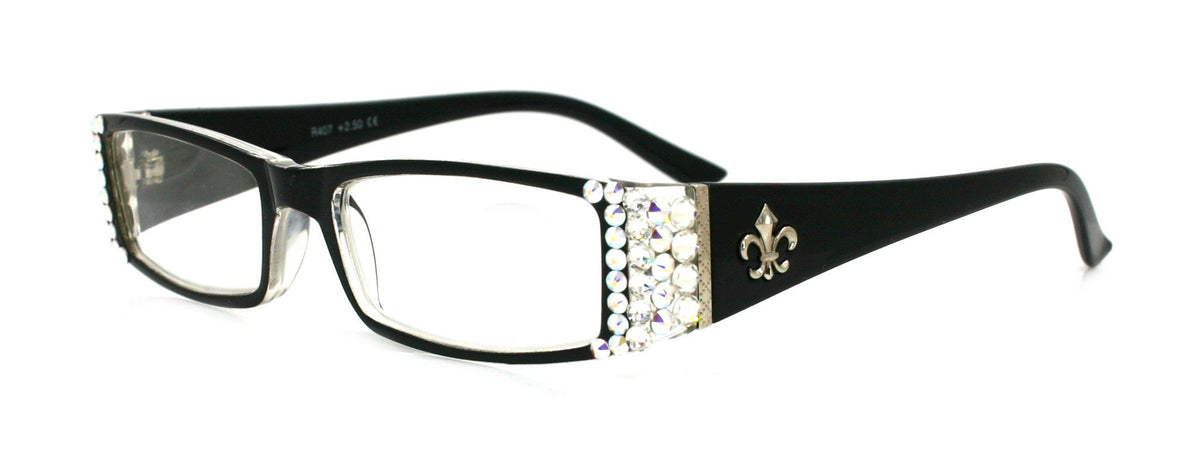 The French, (Bling) (Fleur De Lis) Women Reading Glasses W (Clear, AB Aurora Borealis) Genuine European Crystals  (Black)  NY Fifth Avenue